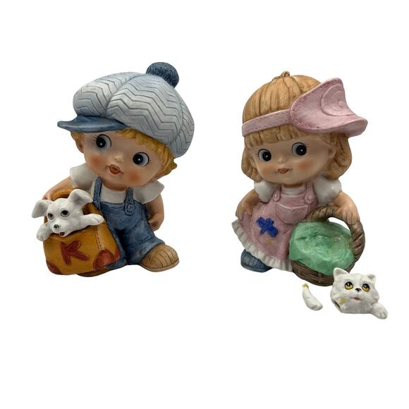 Vintage Homco Figurines Boy Puppy Girl Kitten BROKEN Porcelain 1439 - Picture 1 of 10